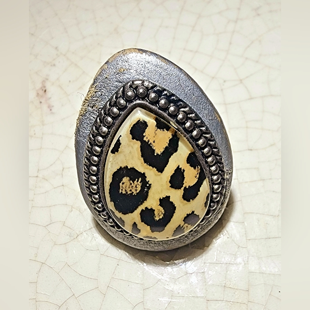 Faux Dalmation Jasper teardrop silver tone adjustable ring